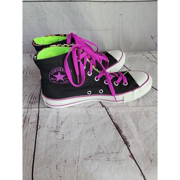 Converse Double Flap Leopard Black Purple Lime Green Women 7.5 Chuck Taylor Shoe - Picture 4 of 10